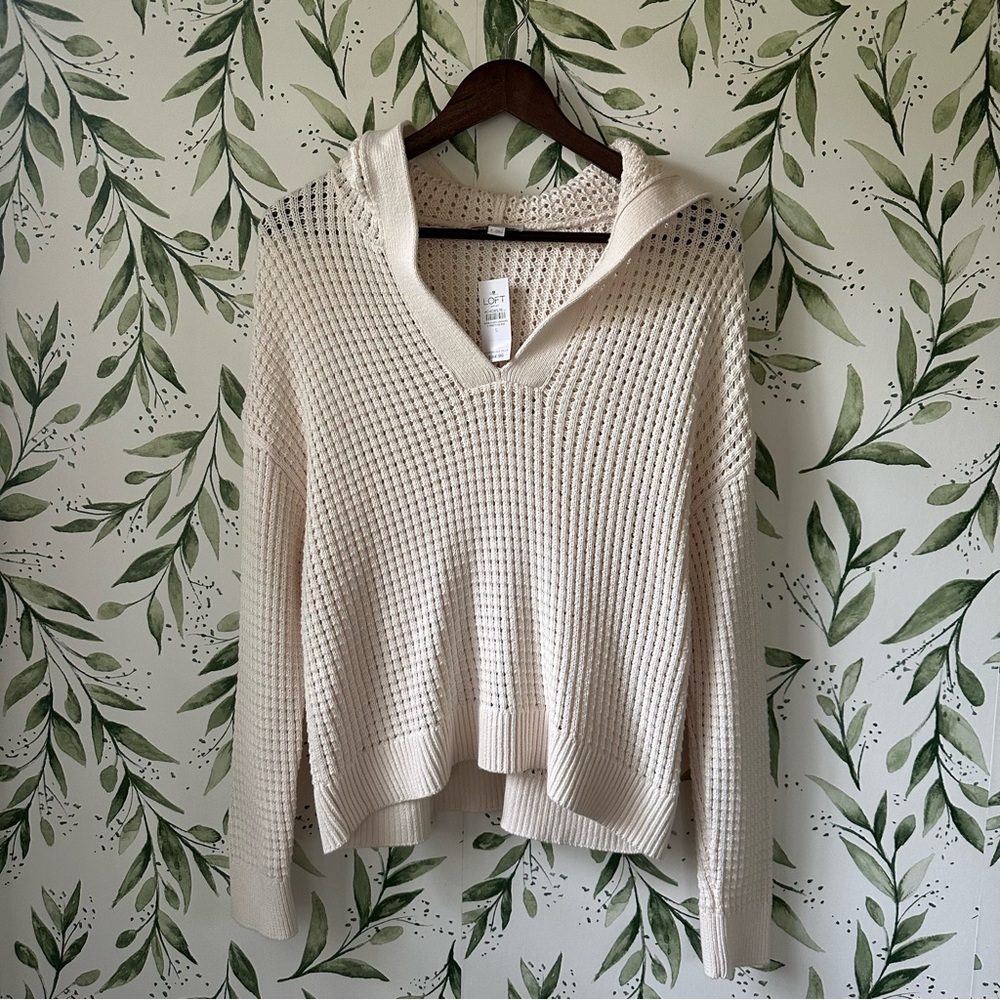 LOFT Cream Waffle Knit Hooded Sweater. Small. New.